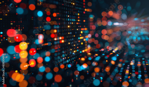 Bokeh, abstract and background with pattern, texture or design for connection of binary data tech. Light, backdrop and futuristic dots for information, cloud computing or digital glow of magic circle © Peopleimages - AI