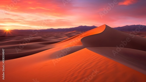 Desert sand dunes panorama at sunrise. 3d render