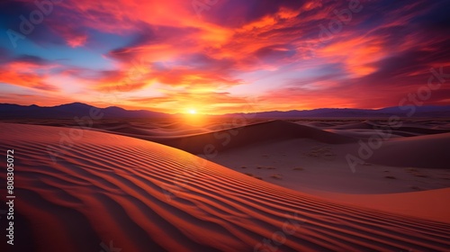 Panoramic view of sand dunes at sunrise. 3D Rendering © A