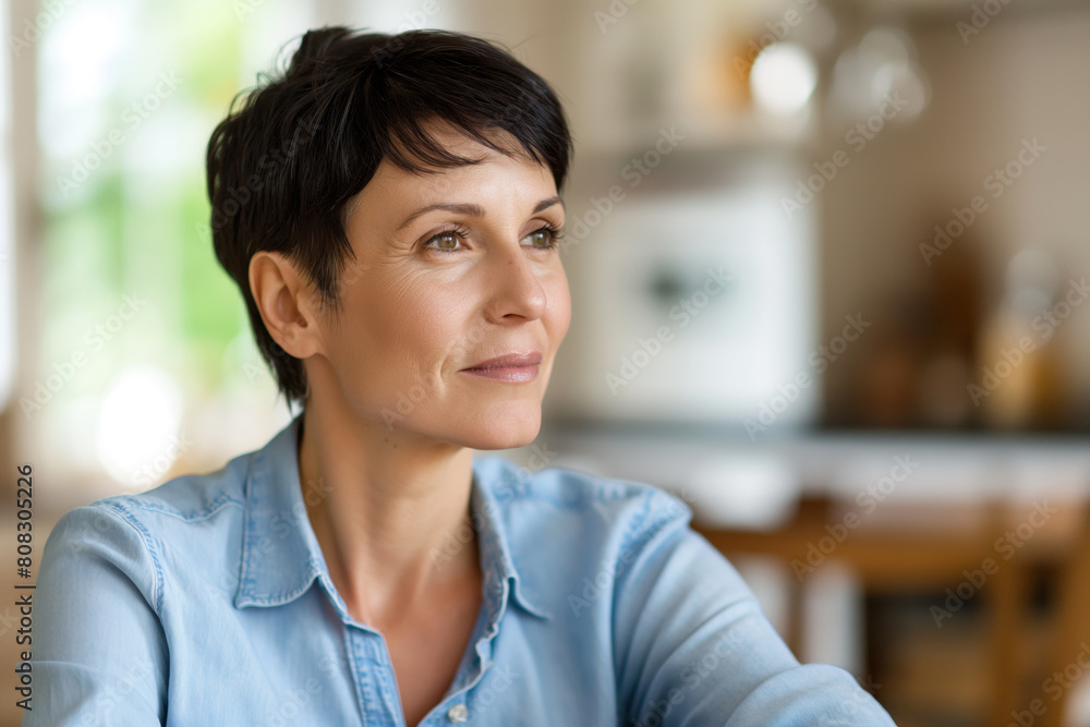 Portrait of a thoughtful mature woman with short hair gazing into the distance, displaying confidence and serenity in a bright, airy kitchen setting Portrait of a thoughtful mature woman with short hair gazing into the distance, displaying confidence and serenity in a bright, airy kitchen setting