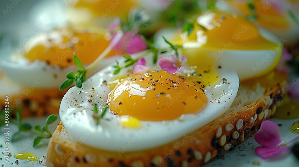 An egg sits atop bread with sprinkles in focus An egg sits atop bread with sprinkles in focus
