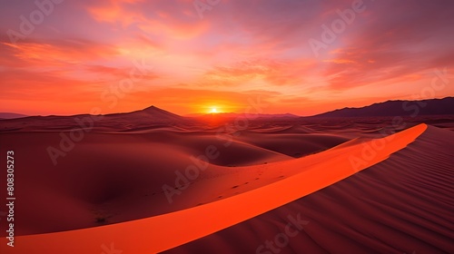 Panoramic view of sunset over sand dunes in the Sahara desert, Morocco © A
