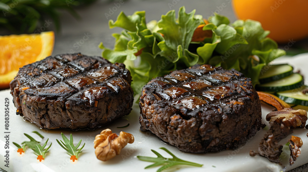 A close-up of two hamburgers on a plate with lettuce and an orange in the background A close-up of two hamburgers on a plate with lettuce and an orange in the background