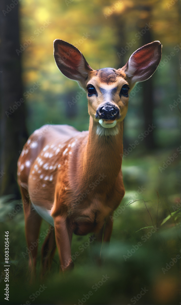 A young doe wanders in the woods between the bushes A young doe wanders in the woods between the bushes