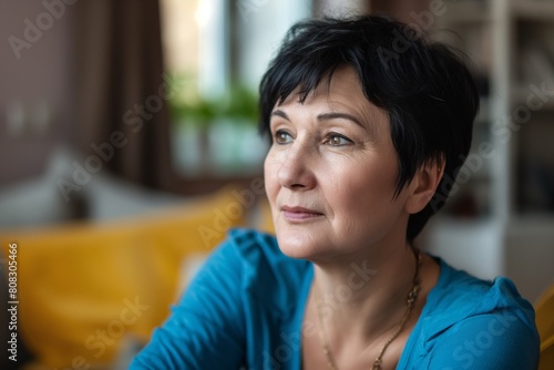 Thoughtfully poised senior female with short black hair, looks away contemplatively near a window, showcasing a mix of wisdom, serenity, and a life rich with experience in her expressive eyes