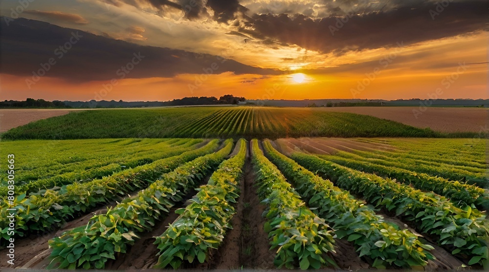 Scenic sunset with clouds. field with vegetables, epic nature background, landscape