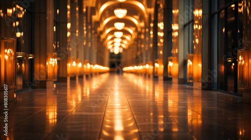 A long hallway with a lot of light shining on the floor. Elegant Hotel Corridor at Sunset. Soft focus background