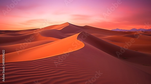 Sand dunes at sunset. Panoramic view of the Sahara desert.
