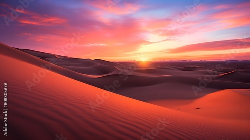 Sunset over sand dunes in the Sahara desert  Morocco.