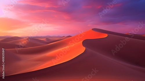 Sunset over sand dunes in the Sahara desert, Morocco.