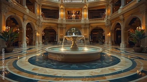 In the luxurious hotel lobby with a central fountain and no one in sight