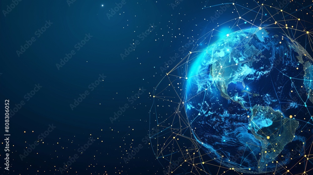 Panoramic abstract dot and triangle connection background., The world is connect and smaller concept, Digital futuristic Earth minimalism background Panoramic abstract dot and triangle connection background., The world is connect and smaller concept, Digital futuristic Earth minimalism background