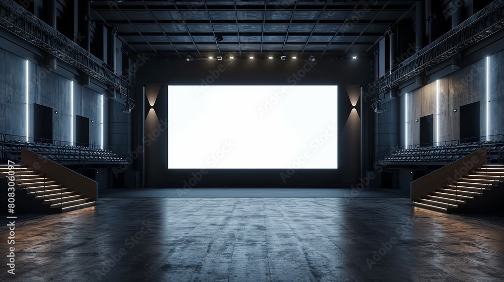 A perspective view of a big blank white illuminated screen is presented in this 3D rendering, featuring space for text or logo in an empty hall with a stage and stairway. A perspective view of a big blank white illuminated screen is presented in this 3D rendering, featuring space for text or logo in an empty hall with a stage and stairway.