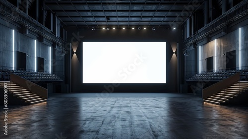 A perspective view of a big blank white illuminated screen is presented in this 3D rendering, featuring space for text or logo in an empty hall with a stage and stairway. © Khalida