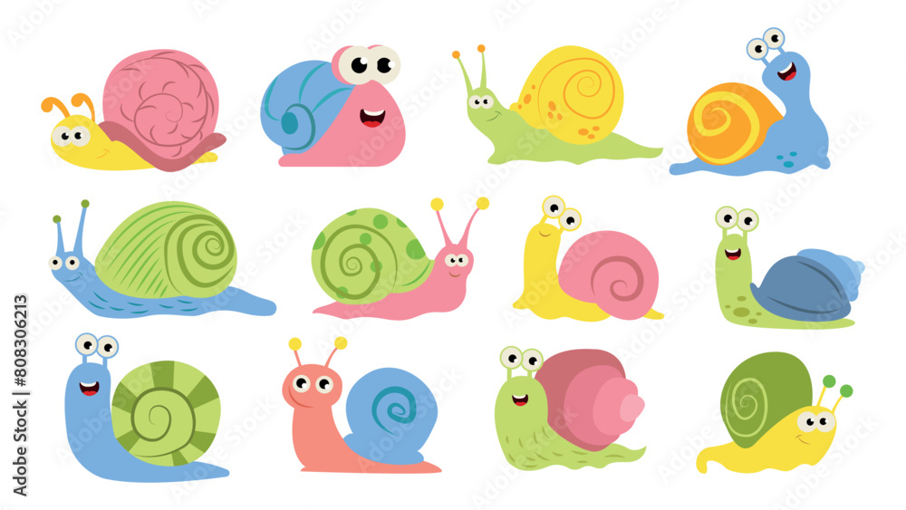 Set of funny snails in cartoon style.Vector illustration of colored snails of different shapes and emotions, shells decorated with patterns,a pair of antennae,big eyes isolated on a white background. Set of funny snails in cartoon style.Vector illustration of colored snails of different shapes and emotions, shells decorated with patterns,a pair of antennae,big eyes isolated on a white background.