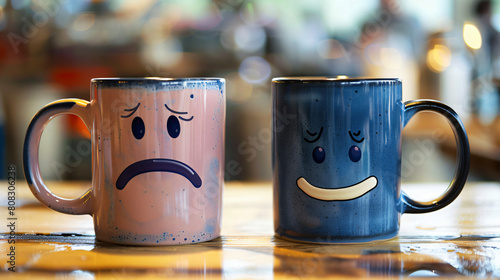Two mugs with drawn happy and sad faces on the blurred background