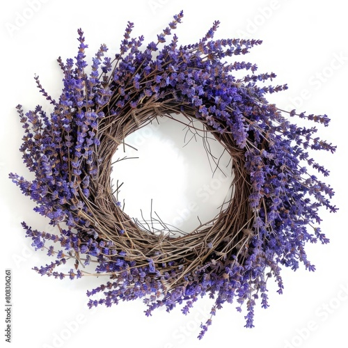 Dense lavender wreath isolated on a white background. Vibrant botanical decor concept. Design for greeting cards and luxurious home decoration. Generative AI