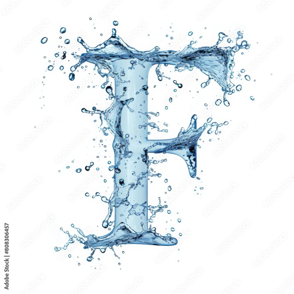 Fototapeta premium Ice letter F. Aquamarine Latin letter made of water and splash on white background. Letter F water splash alphabet isolated on white. 3D rendering illustration.