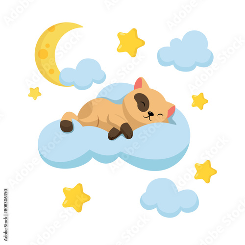 Vector illustration of a cute kitten sleeping on a cloud. Cartoon scene of a cute cat lying and sleeping on a fluffy cloud with a crescent moon, yellow stars, clouds isolated on a white background. © MVshop
