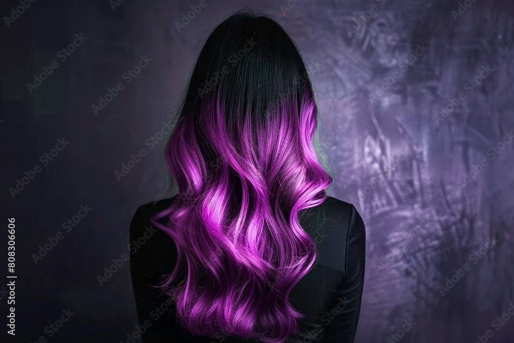 woman with vibrant purple hair from behind