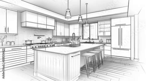 A sketch portrays the interior of a modern kitchen  highlighting the presence of an island.