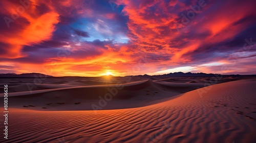 Panoramic view of sunset over sand dunes in Sahara desert  Morocco
