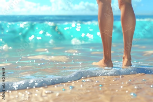 Close-up of female legs in water on beach, waves lapping, sunny day, summer vacation, barefoot relaxation.