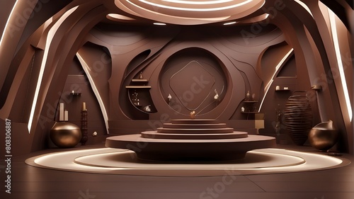 Chocolate-colored, empty, geometric room with exquisite lighting. A futuristic backdrop for showcasing products. photo