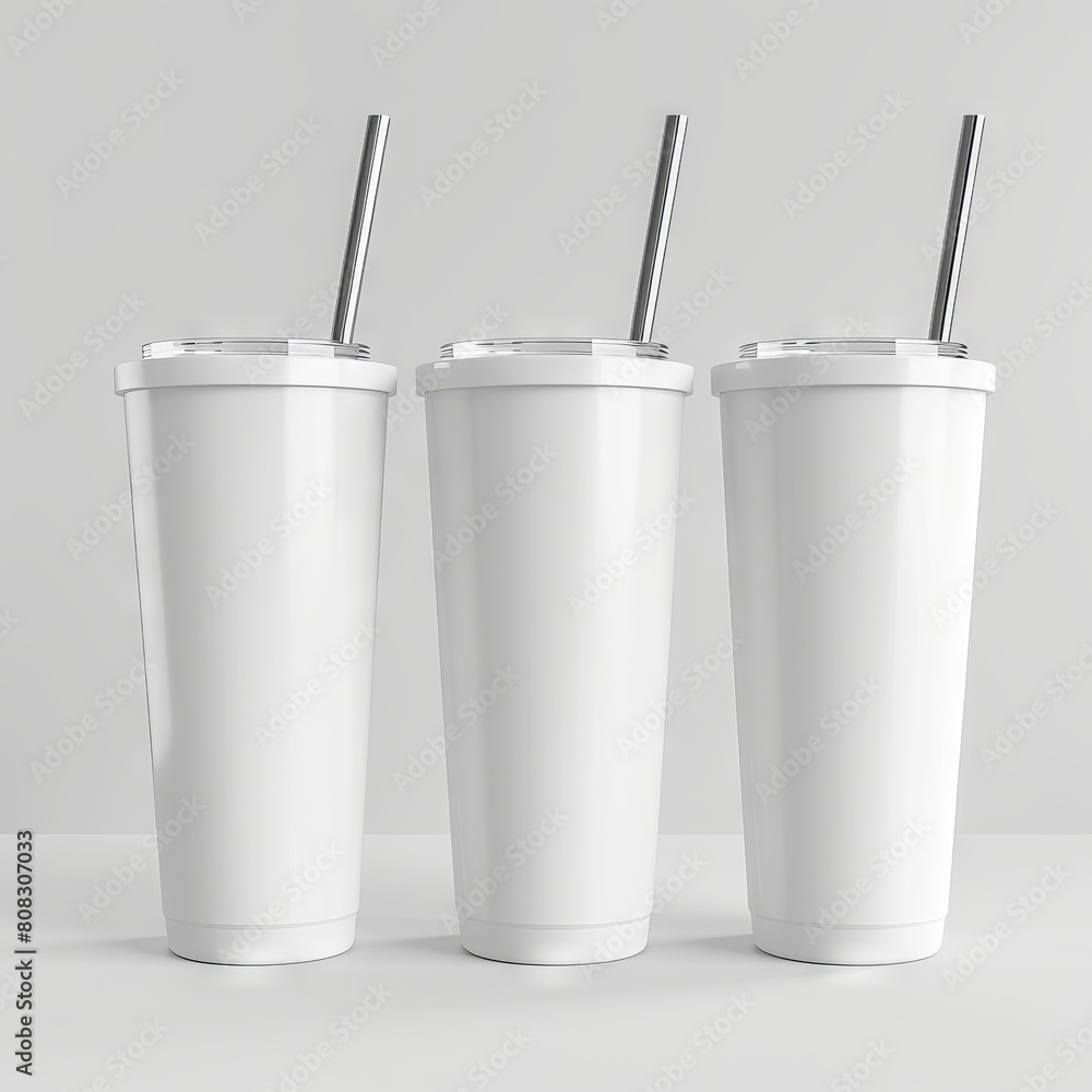 Three white plastic cups with straws on a white surface. Three white plastic cups with straws on a white surface.