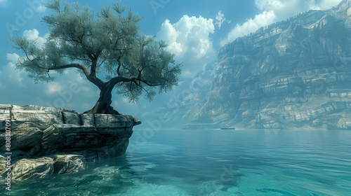 A tree is growing on a rock near a body of water photo