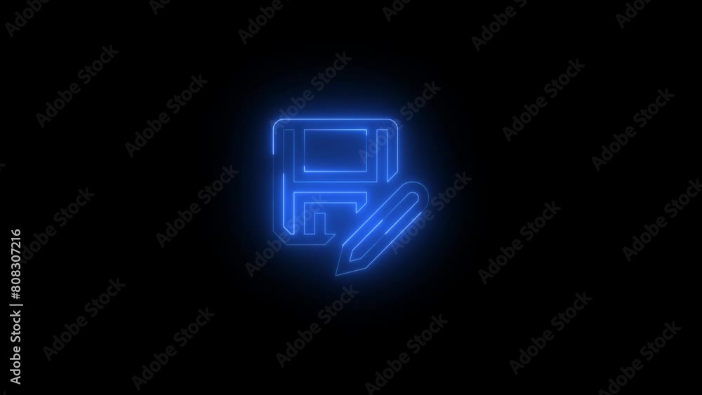 Neon glowing blue color save as pen icon on black background animation Neon glowing blue color save as pen icon on black background animation