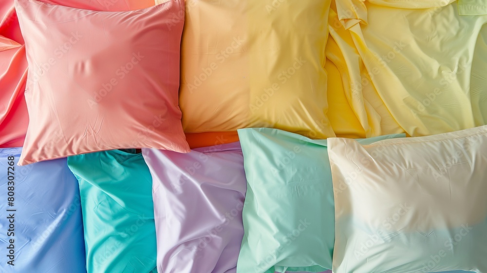 A pile of colorful pillow cases on a white background.