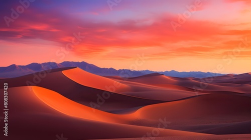 Panoramic view of sand dunes in Namib desert at sunset