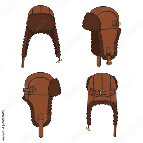 Set of color illustrations with flying cap with earflaps. Isolated vector objects on white background.