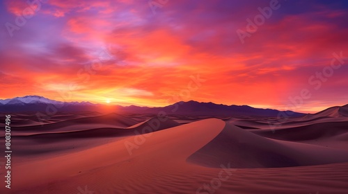 Dunes in the desert at sunset. Panoramic view.