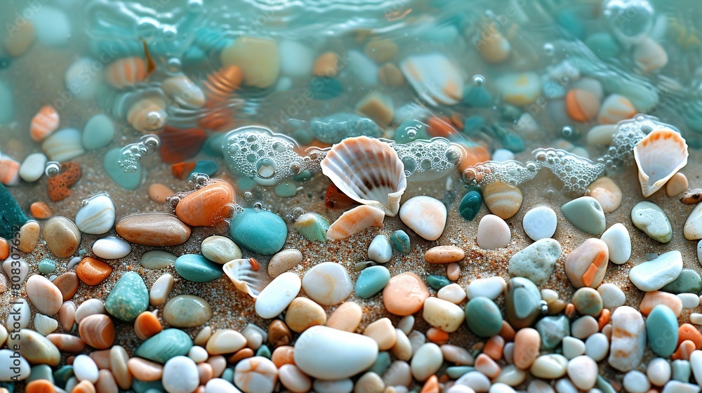 Close-up of rocks on beach with water and shells in foreground Close-up of rocks on beach with water and shells in foreground