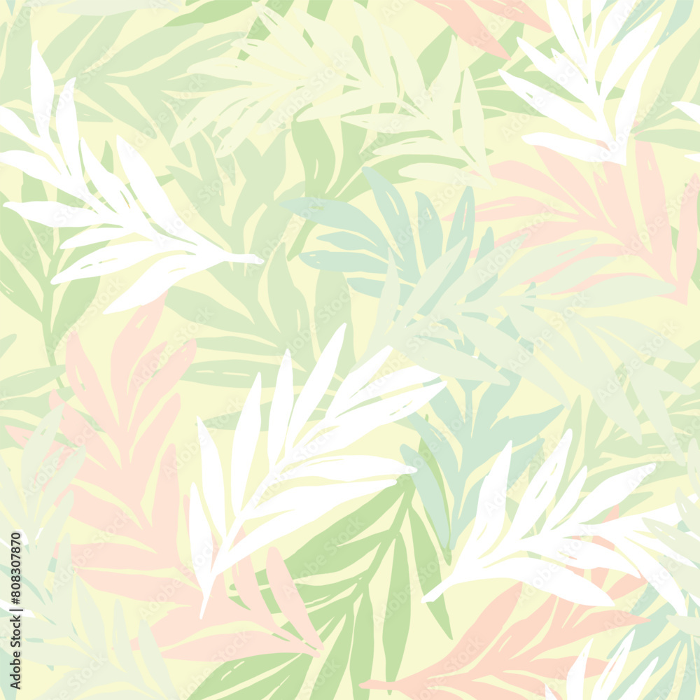 Seamless floral background with handmade leaves. Vector yellow pattern with yellow, peach and green pistachio leaves.