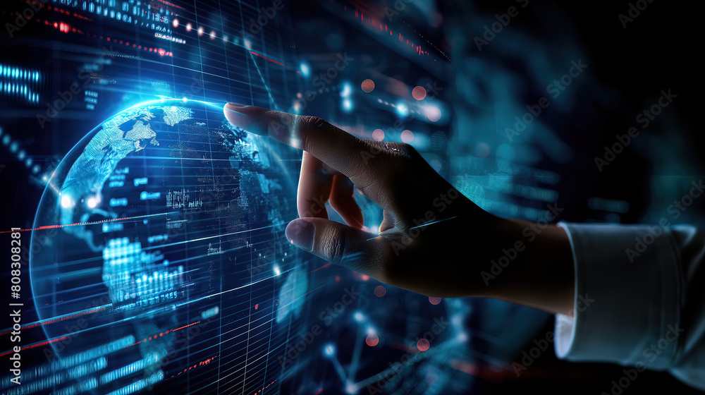 a person’s hand controls information flows, stock charts, computer program codes, video content streams on social networks against the backdrop of the globe, computer technology a person’s hand controls information flows, stock charts, computer program codes, video content streams on social networks against the backdrop of the globe, computer technology