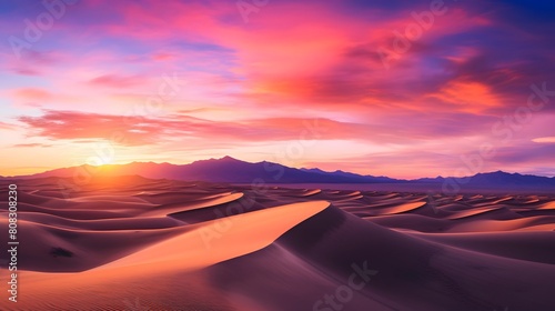 Panoramic view of sand dunes and mountains at sunset, Death Valley National Park, California © A
