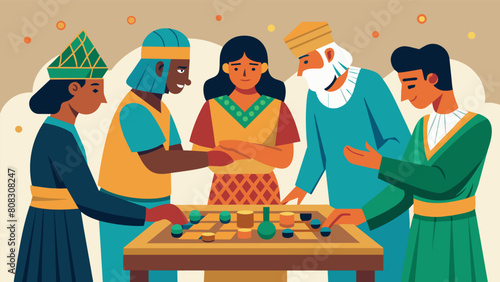 In a bustling marketplace merchants and travelers pause to watch a group of ancient Egyptian players engage in a game of Senet moving their carved. Vector illustration