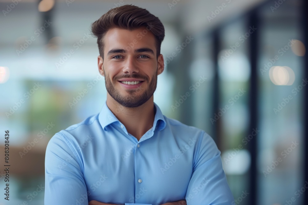 Portrait of a young, approachable businessman in a blue shirt smiling at the camera, exuding confidence and friendliness, with a modern office interior softly blurred in the background Portrait of a young, approachable businessman in a blue shirt smiling at the camera, exuding confidence and friendliness, with a modern office interior softly blurred in the background
