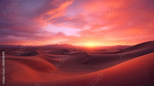Dunes panorama at sunset. 3D render of desert dunes at sunset