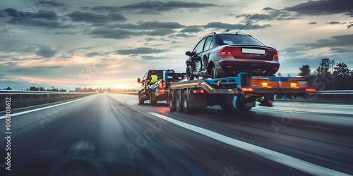 Roadside assistance on the highway side view of the flatbed tow truck with the vehicles with black cloud background