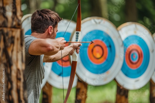Archer carefully aiming, drawing bowstring with precision at summer olympic games   sport concept photo