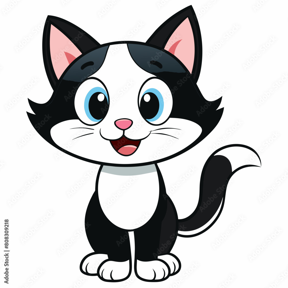 cute white and black cat smiling on a white background