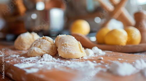 Close-up of dough divided into parts with flour on a wooden table in the kitchen