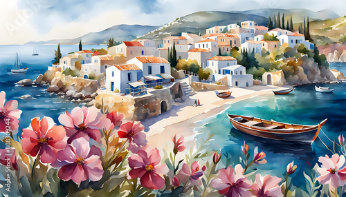 Watercolor illustration, seaside landscape of old Italy (Greece) with houses and fishing boats, background for smartphone, illustration for print and interior decoration, photo