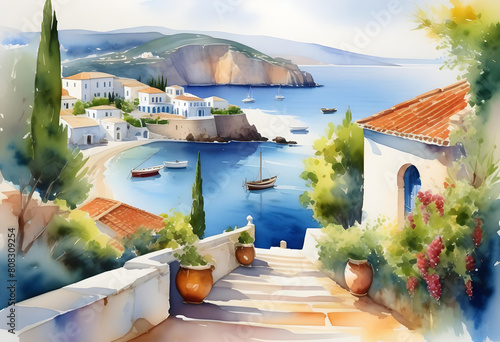 Watercolor illustration  seaside landscape of old Italy  Greece  with houses and fishing boats  background for smartphone  illustration for print and interior decoration 