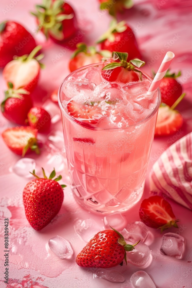 A refreshing strawberry cocktail displayed on a textured pink surface with fresh strawberries and ice cubes A refreshing strawberry cocktail displayed on a textured pink surface with fresh strawberries and ice cubes