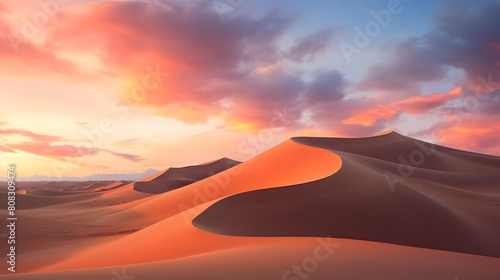 Sand dunes at sunset, panoramic view. 3d render